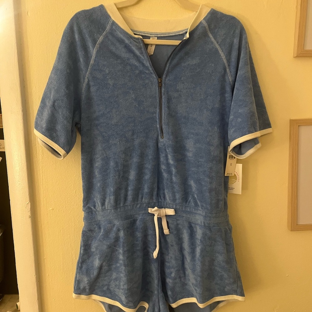 Anthropologie- Blue Terry Cloth Romper with White Trim